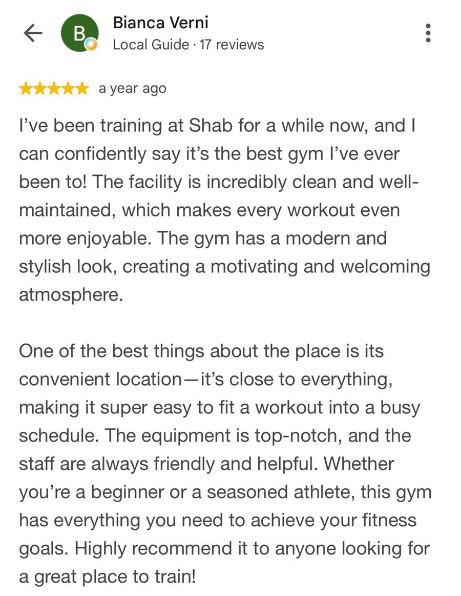5-star Google review by Bianca Verni about the clean, modern, and welcoming facility