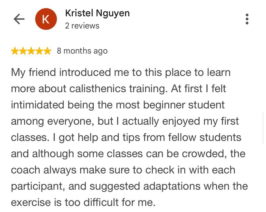 5-star Google review by Kristel Nguyen about feeling welcome as a beginner and coaches adapting exercises
