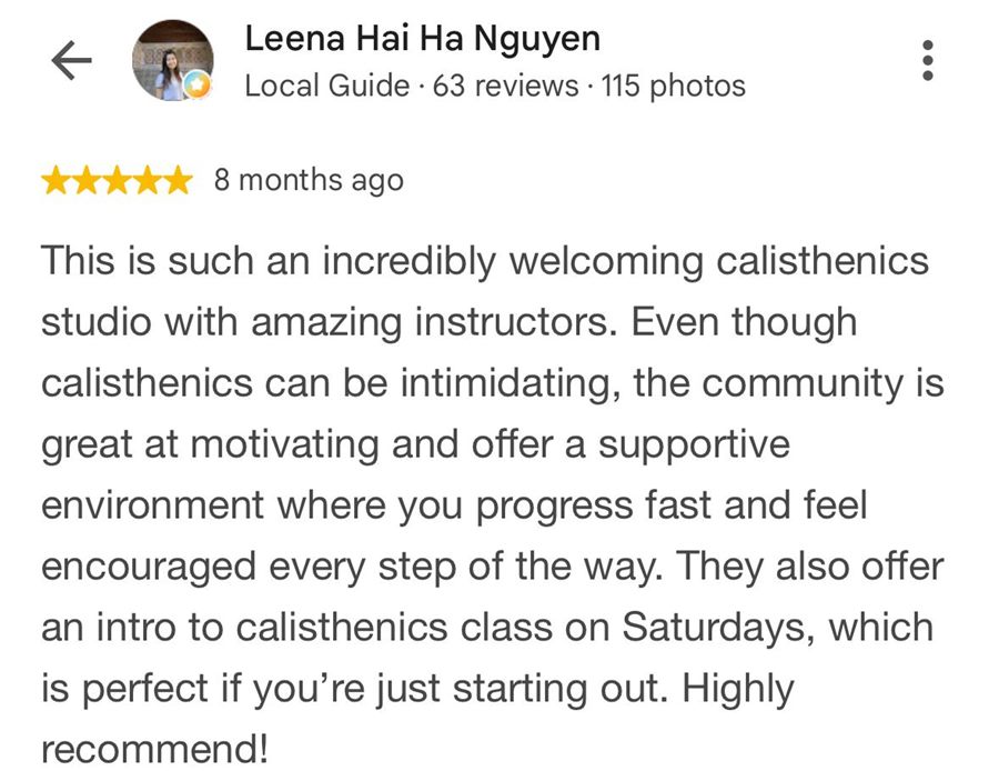 5-star Google review by Leena Hai Ha Nguyen about the welcoming studio and supportive community