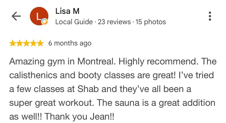 5-star Google review by Lisa M about the classes and the sauna