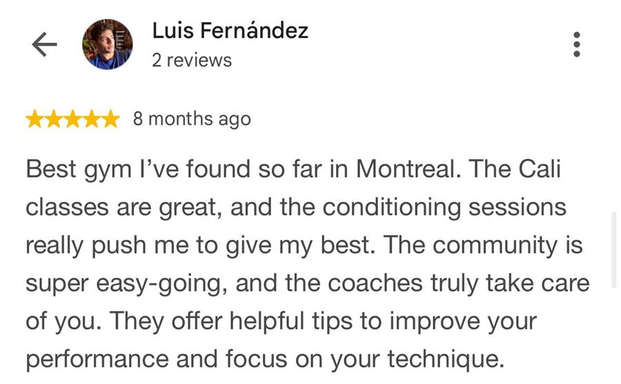 5-star Google review by Luis Fernández about the classes, community, and coaches