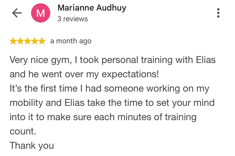 5-star Google review by Marianne Audhuy about personal training with Elias
