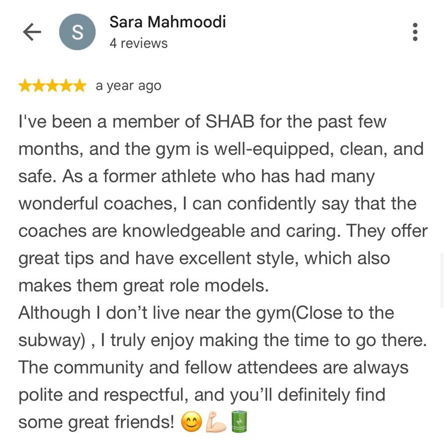 5-star Google review by Sara Mahmoodi about knowledgeable and caring coaches